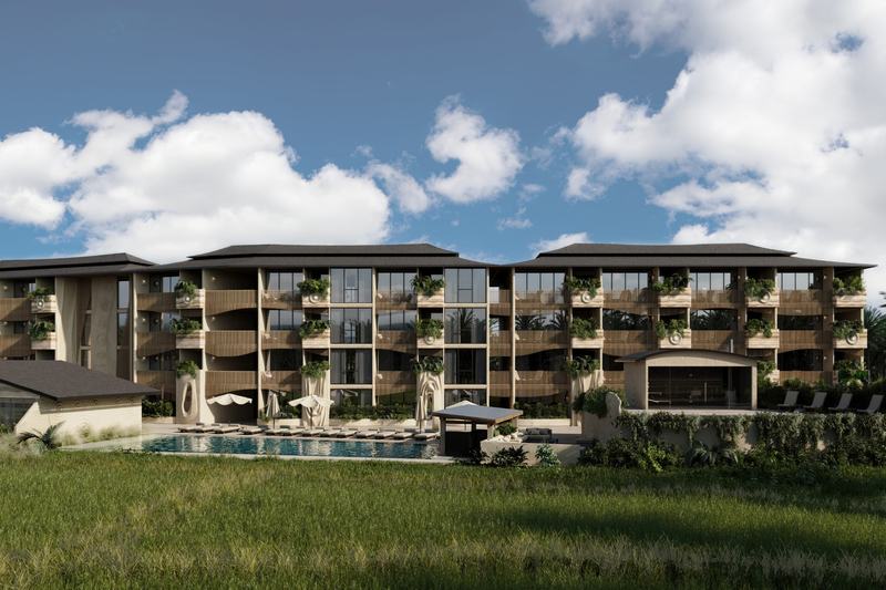 AURA Apartment: фасад корпуса над рисовым полем