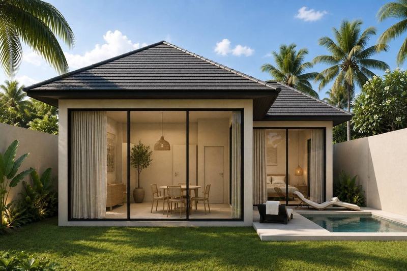 BASE 1BR 50 м²: фасад виллы с террасой и бассейном