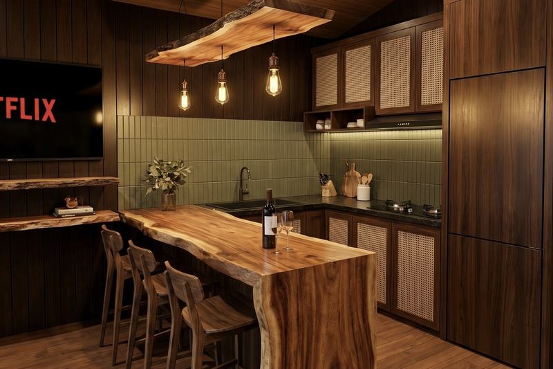 EcoWood 1BR: кухня с барной стойкой из слэба — рендер застройщика