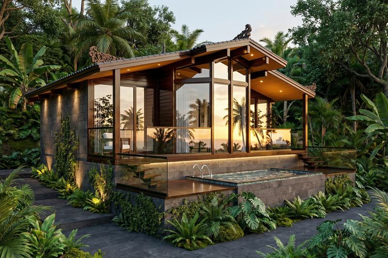 EcoWood 2BR: вилла среди пальм на закате — рендер застройщика