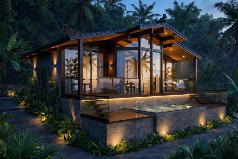 EcoWood 2BR: вилла с подсветкой и бассейном — рендер застройщика