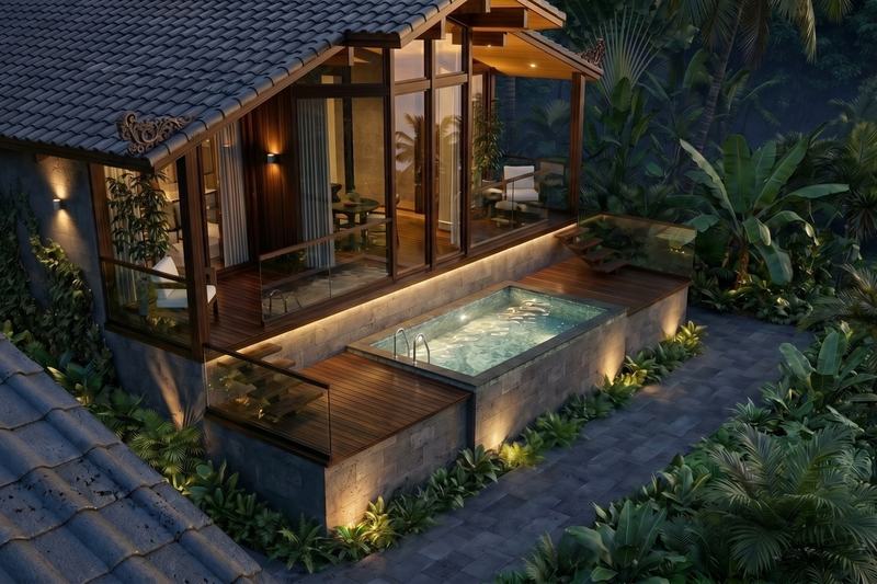 EcoWood 2BR: вилла сверху, бассейн и терраса — рендер застройщика