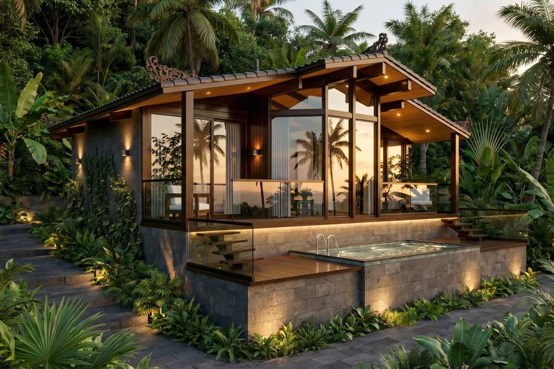 EcoWood: вилла 2BR с бассейном вечером — рендер застройщика