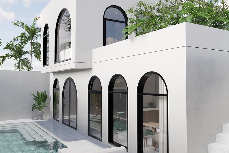 Edem Villas I · Вилла 2BR: белый объём виллы с арками и бассейном сбоку — визуализация