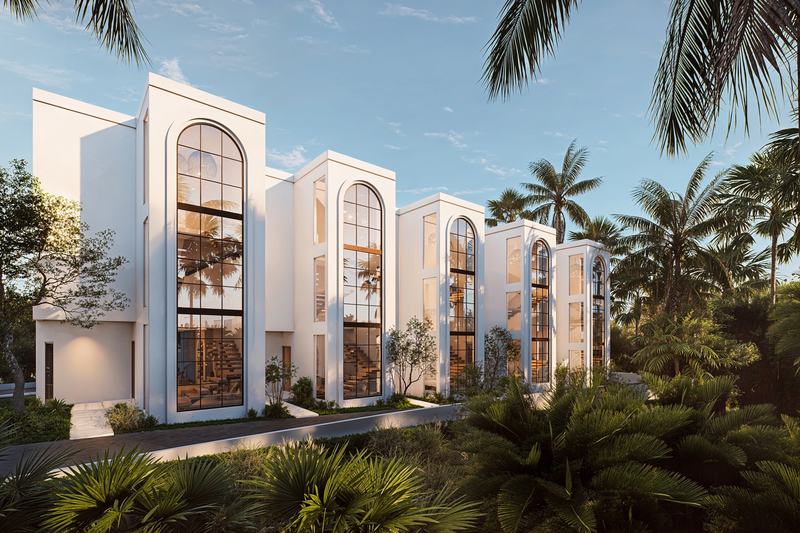 Ema Villas: фасады вилл с арочными окнами в Berawa