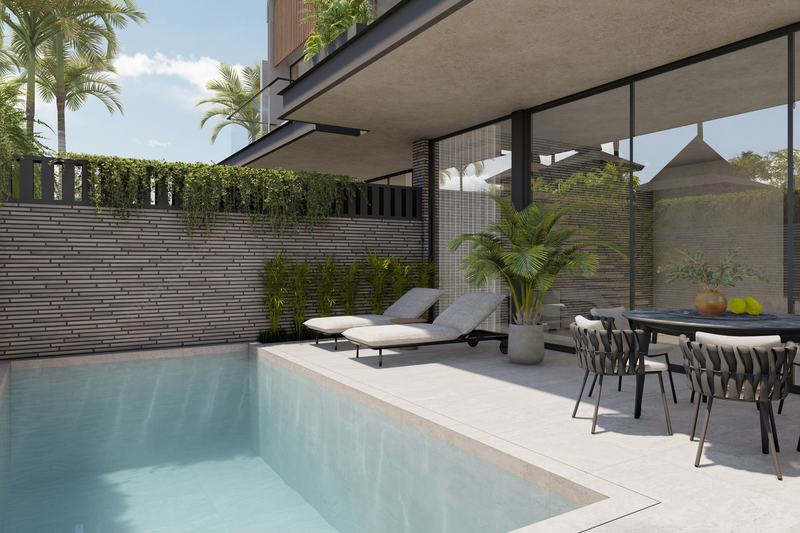 Four Palms Villas: бассейн во внутреннем дворе виллы и терраса с обеденной зоной — рендер