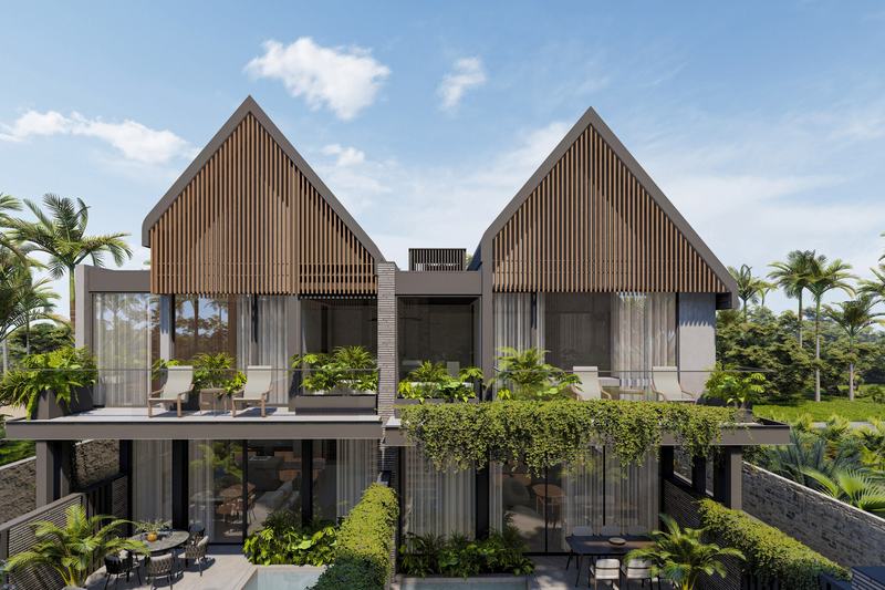 Four Palms Villas: два корпуса с двускатными кровлями и террасами — рендер