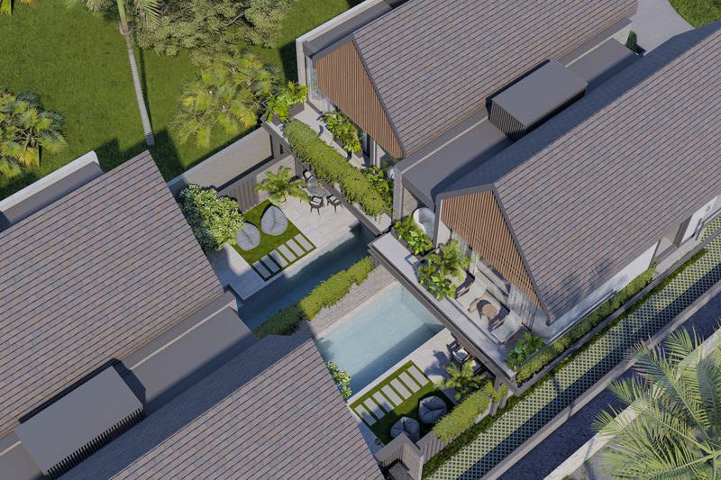 Four Palms Villas: вид сверху на крыши и бассейны во дворах — рендер