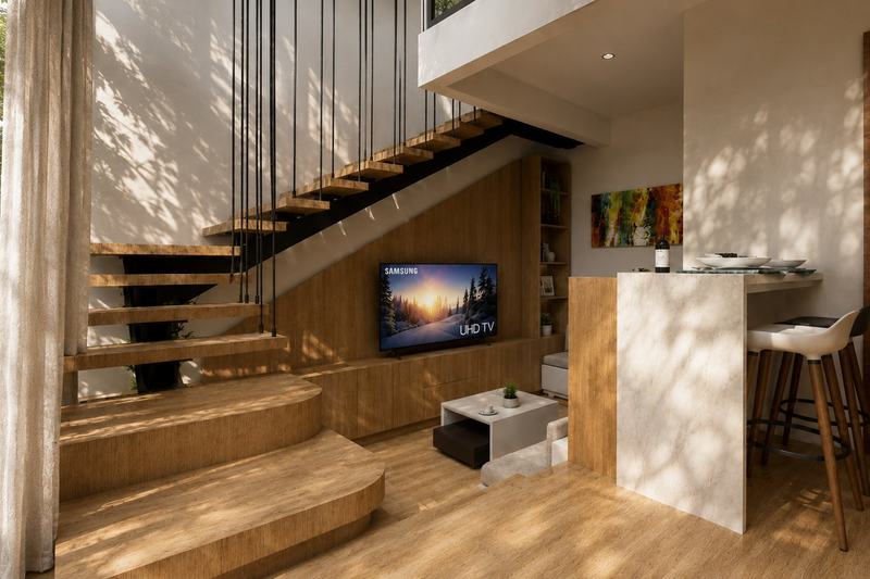 KIRA Tropical Loft: утопленная гостиная и лестница на антресоль