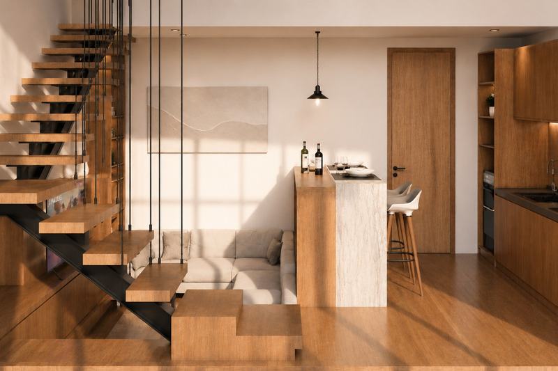 KIRA Tropical Loft: гостиная, кухня и барная стойка одним объёмом