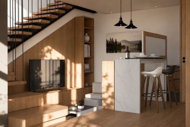 KIRA Tropical Loft: зона отдыха с телевизором и стеллажом