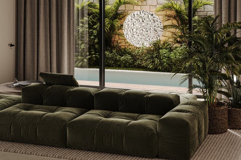 Mangata Residence: гостиная трёхспального таунхауса с выходом к бассейну