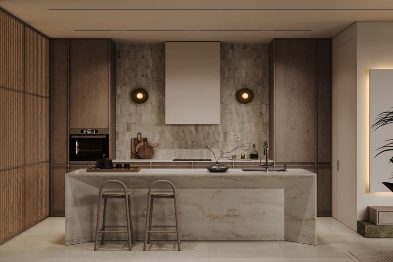 Mangata Residence: кухня с каменным островом и встроенной техникой