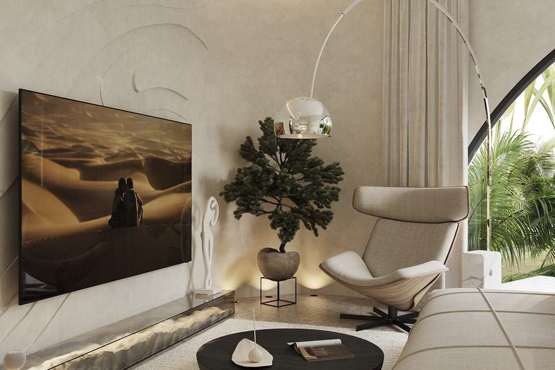 Manta Shell Villa: гостиная с круглым окном в сад