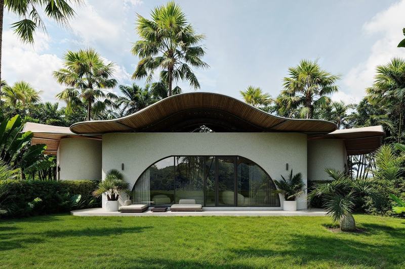 Manta Shell Villa: фасад виллы-ракушки на лужайке