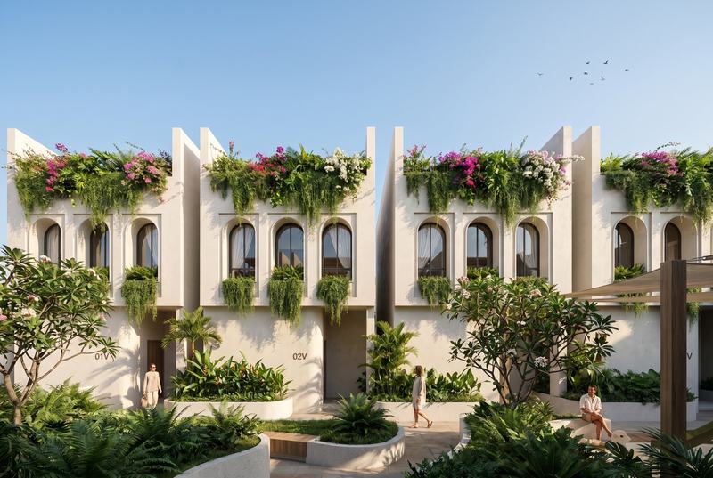 Melasti Villas: фасады вилл с арочными окнами и зеленью на крышах — рендер