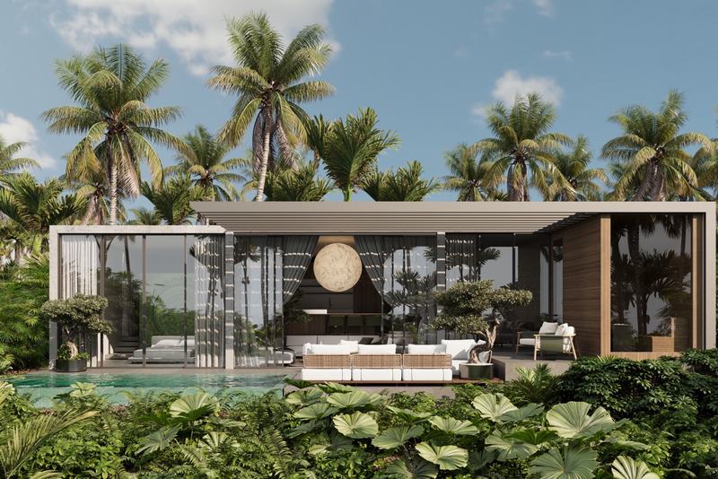MOONO 3BD Villa: рендер, фасад виллы с бассейном днём