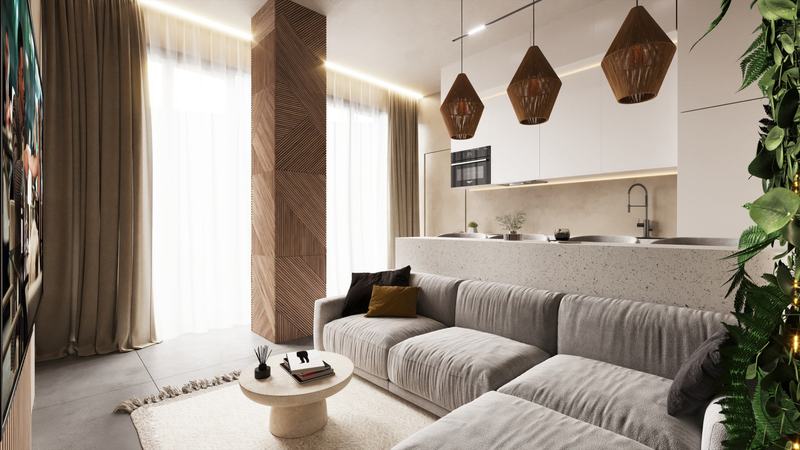 OM Club House: гостиная апартаментов с диваном и кухней — рендер