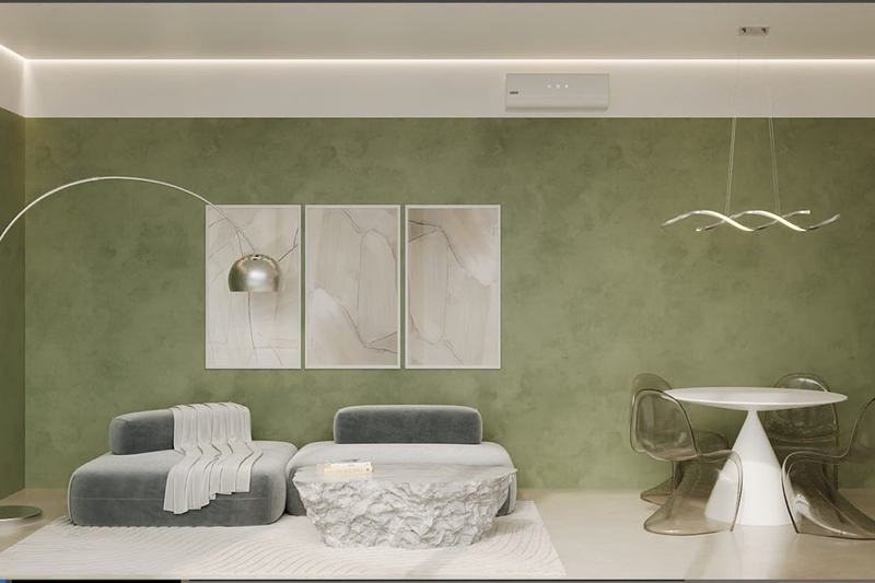 Prana 1BR Panoramic: гостиная с зелёной стеной и обеденной зоной, рендер проекта