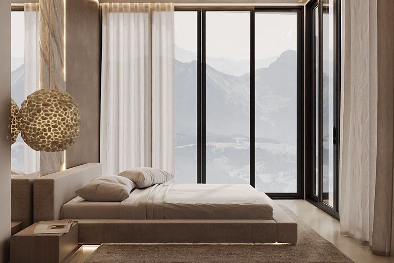 Prana 1BR Panoramic: спальня с панорамным окном на горы, рендер проекта
