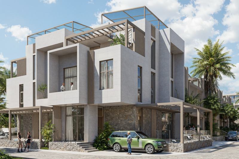Ramada Encore: вилла 3BR, фасад с террасами — рендер застройщика