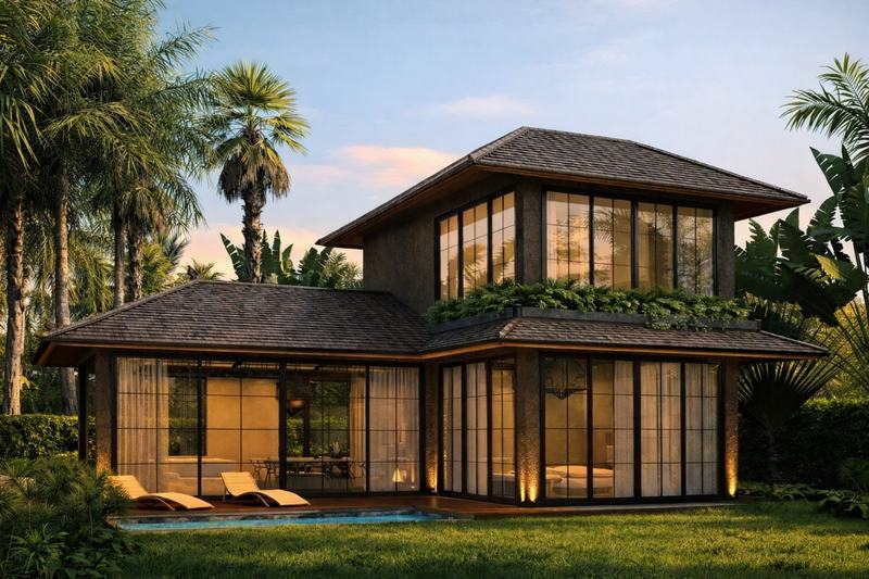 Re-Imagined Villas Ubud 2: рендер фасада виллы с бассейном на закате