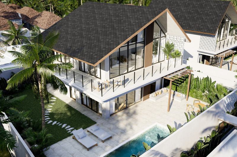 Serenity Estates · Вилла B2: вилла B2, двухэтажный фасад с панорамным остеклением — рендер