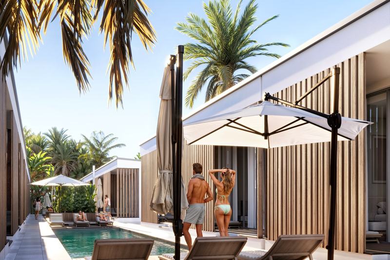 Sol · 1BR 42 м²: бассейн под пальмами и зонтами — визуализация