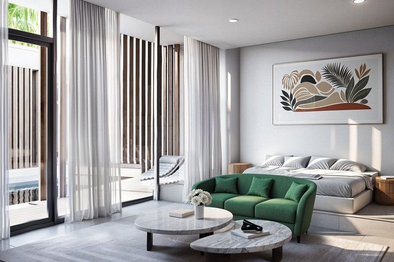 Sol · 1BR 42 м²: кровать и зелёный диван в гостиной — визуализация