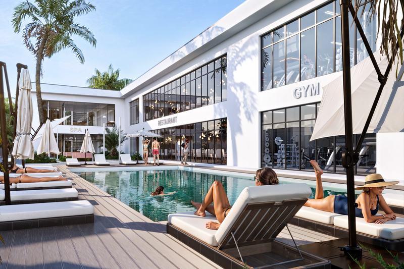 Sol · 2BR 91 м²: бассейн вдоль корпуса и зона фитнеса — визуализация