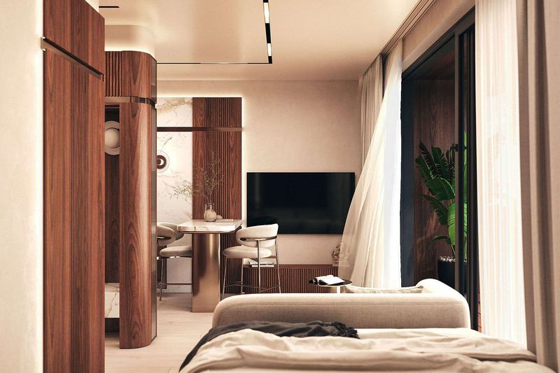 TAO Club House · Студия 28 м²: спальная зона с телевизором