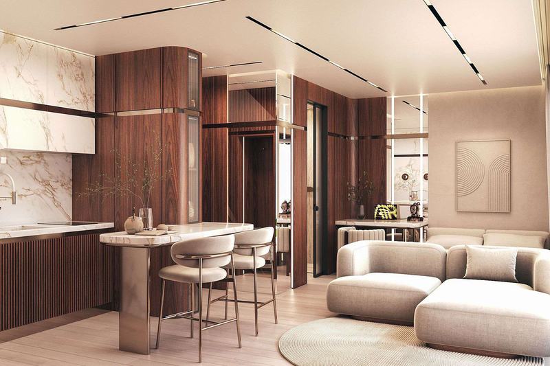 TAO Club House · Студия 39 м²: гостиная и обеденная зона студии