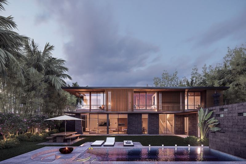 The Residences: вилла с бассейном и лаунж-зоной в сумерках — рендер