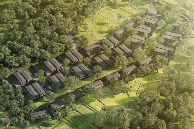 The Residences: посёлок вилл с высоты среди пальм и полей — рендер