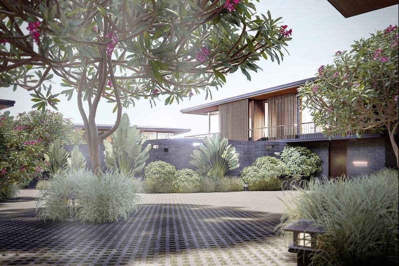 The Residences: внутренний проезд между виллами с франжипани и травами — рендер