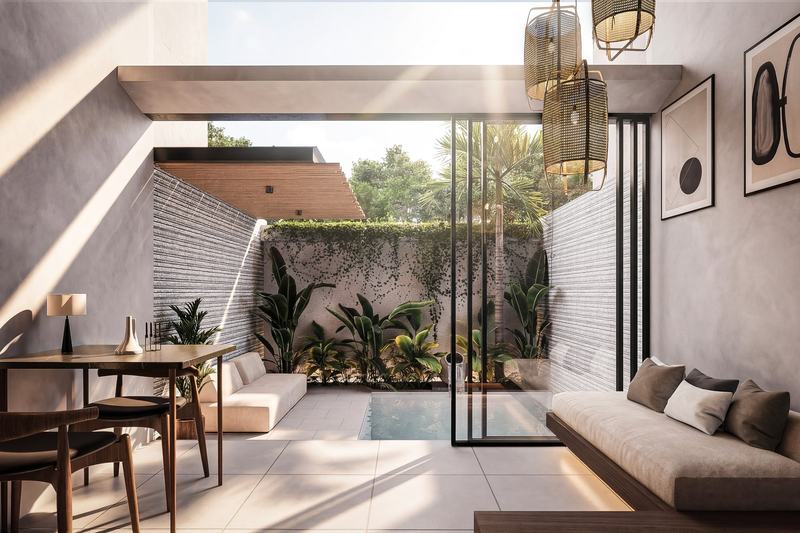 Umalas Private Suite 20Y: рендер гостиной с выходом во дворик