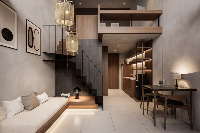 Umalas Private Suite 20Y: рендер двусветной гостиной с лестницей