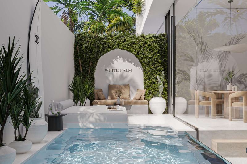 White Palm · Вилла 2BR: рендер патио с собственным бассейном 4×2 м